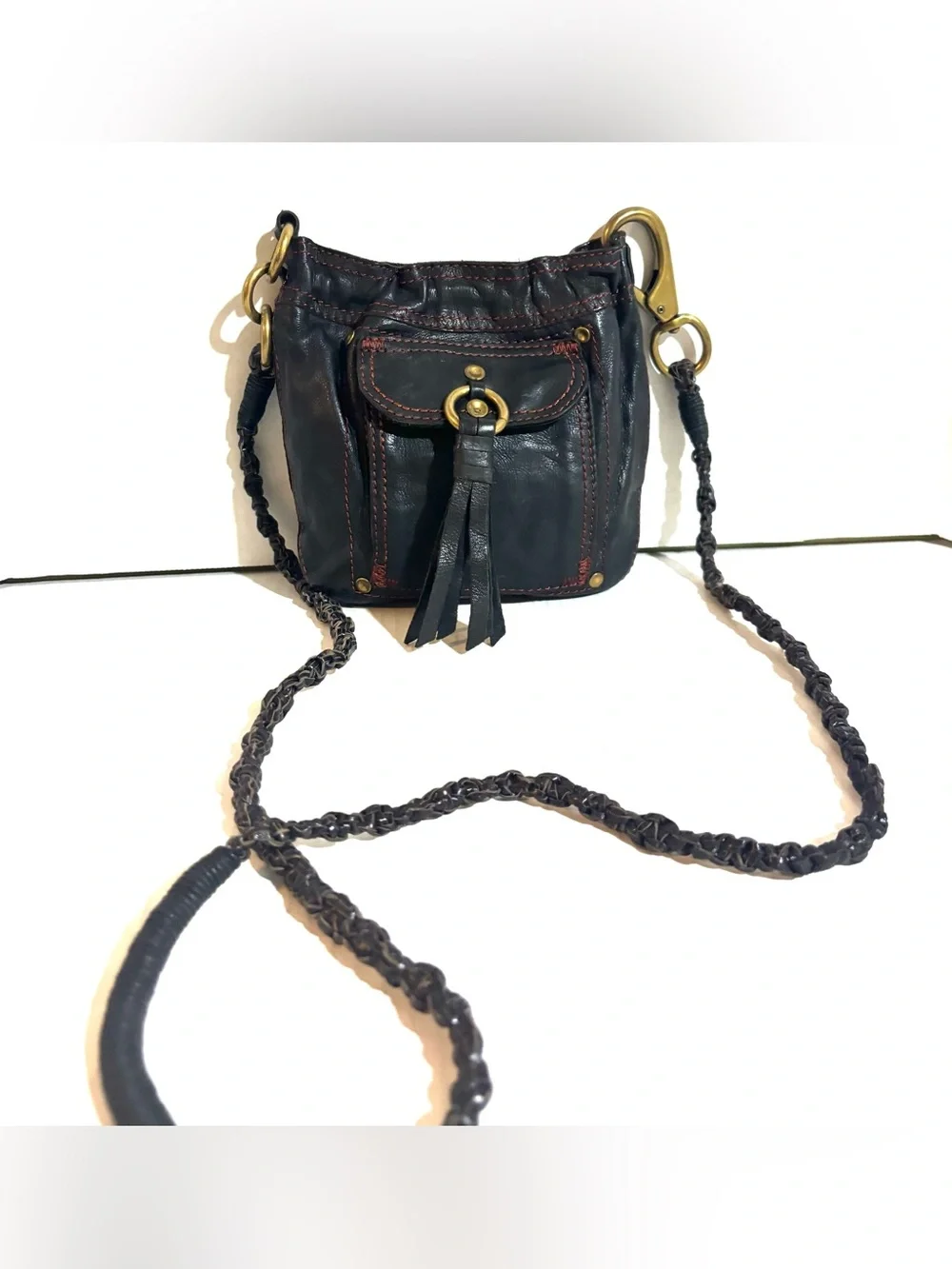Lucky Brand Black Leather Crossbody with Tassel & Braided Strap